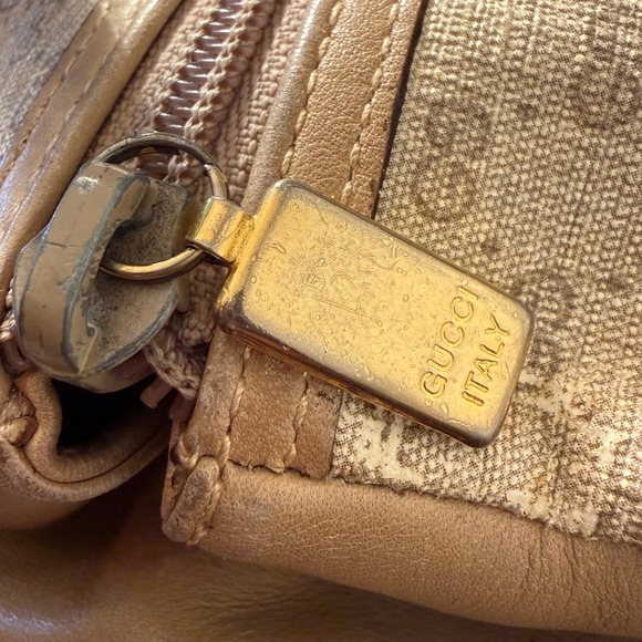 Vintage Gucci GG Monogram Boston Bag Tan Leather Trim top handle FLAW - Picture 11 of 16